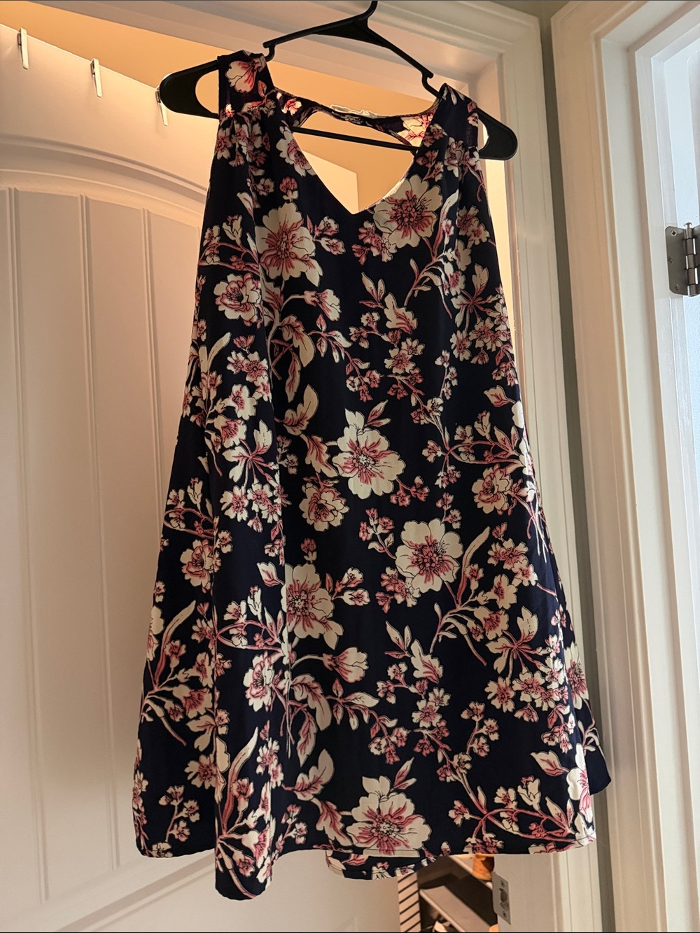 Navy Floral Swing Dress with Pink & Cream Blooms - Picture 1 of 2